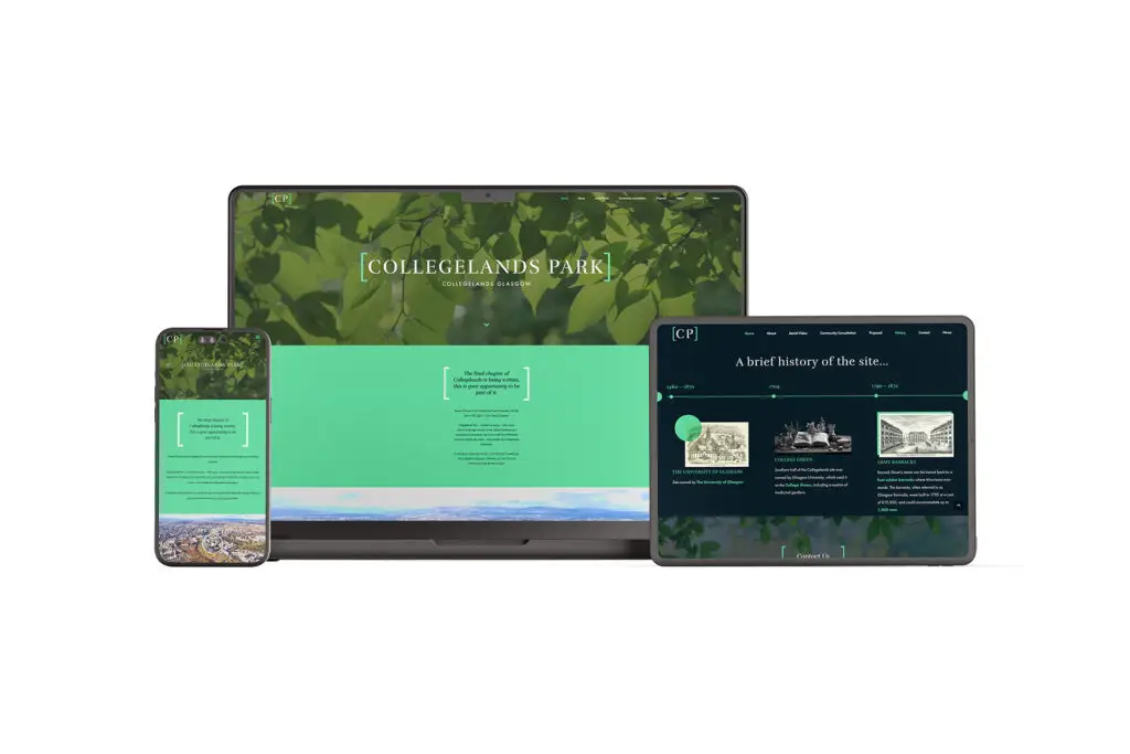 Collegelands development website shown on desktop, tablet and phone
